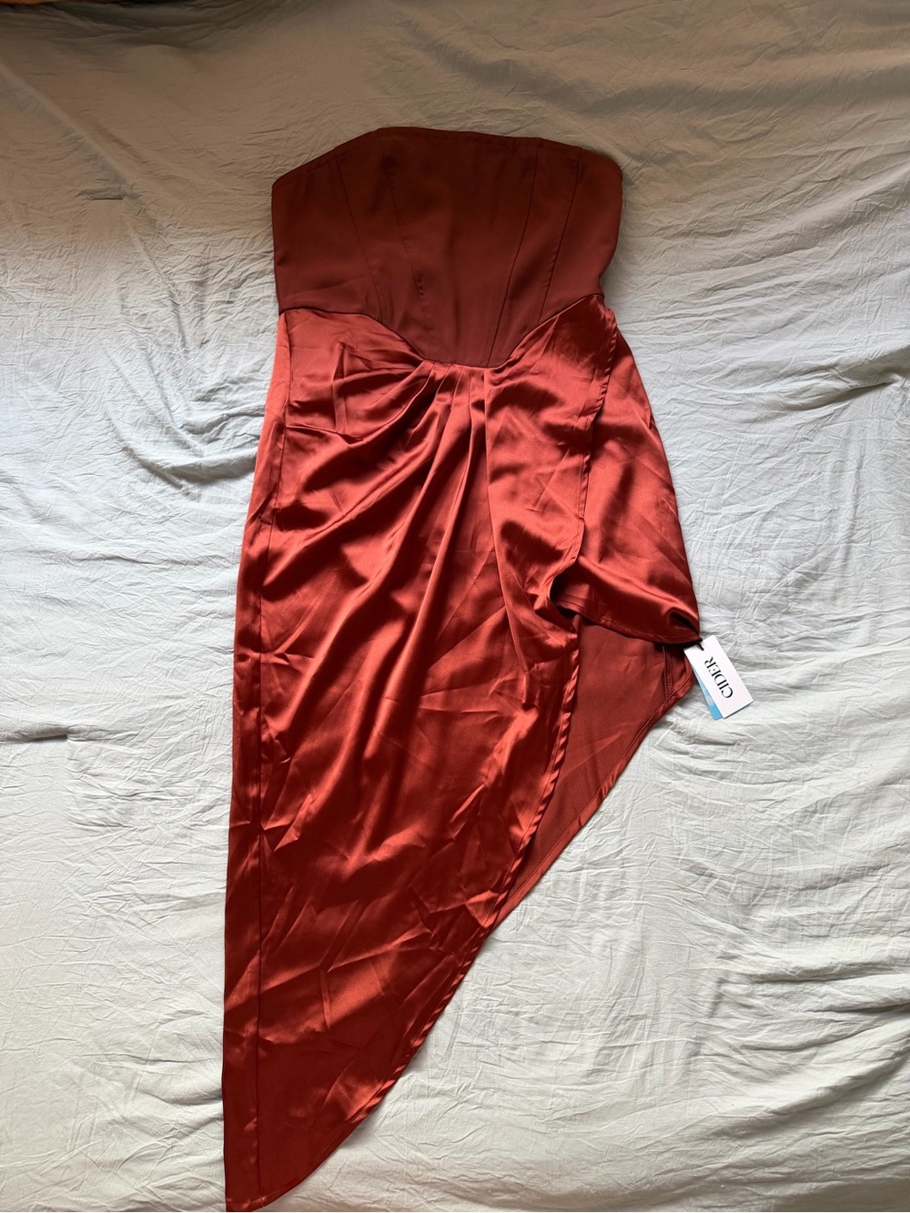NWT Cider Rust Satin Strapless Drape Dress Asymmetric Hem Sz L
